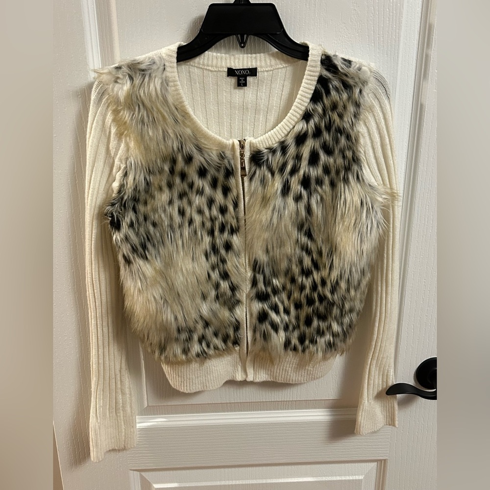 XOXO Cream and Black Faux Fur Cardigan